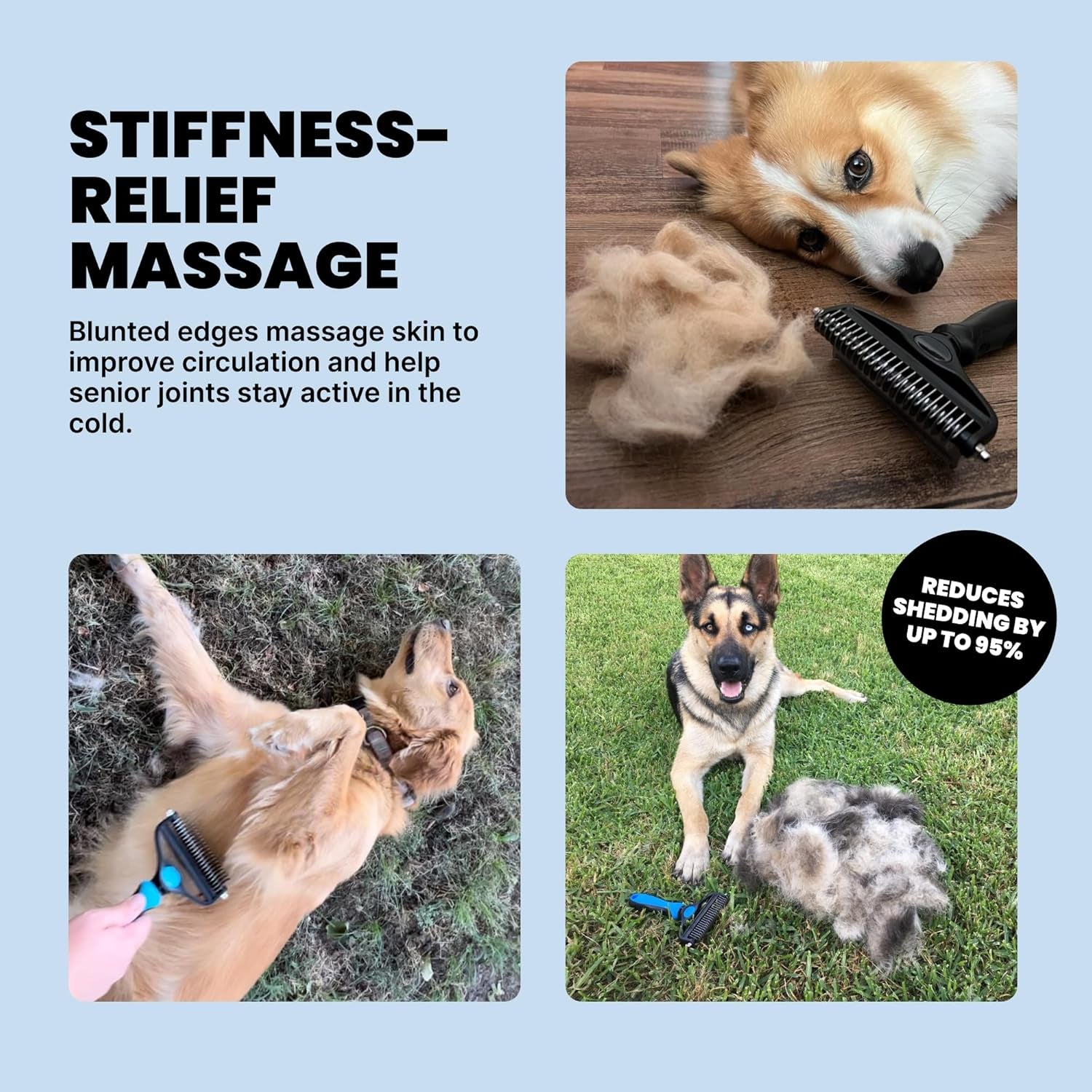 Dog Brush for Shedding - Large, Blue, 2-In-1 - Deshedding Dog Grooming Brush & Undercoat Rake with Dematting Comb for Medium to Large Double Coated